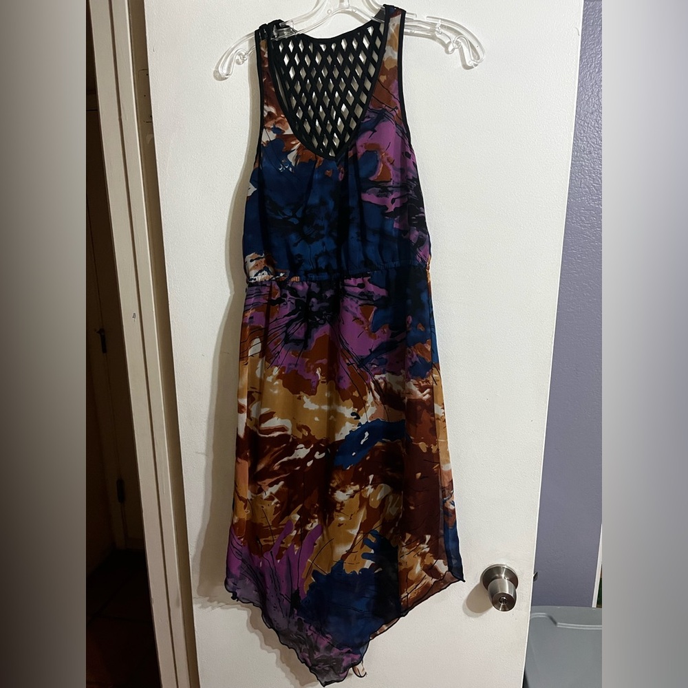 ANGIE Blue and Brown Floral Dress with Black Back Mesh